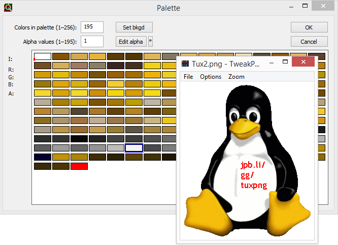 Screenshot of a TweakPNG palette window and image preview showing the effect of changing duplicate colours.